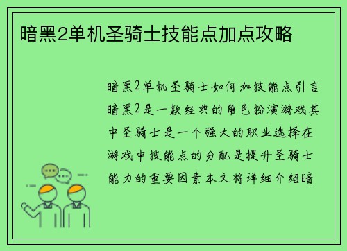 暗黑2单机圣骑士技能点加点攻略
